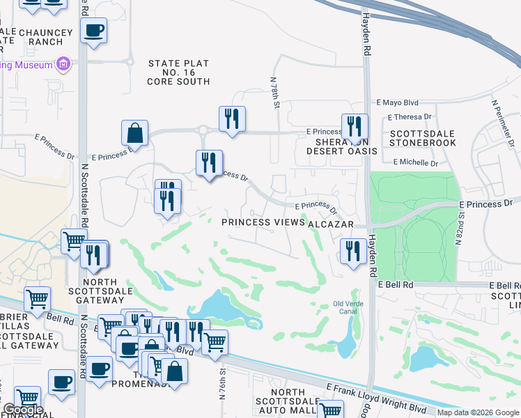 map of restaurants, bars, coffee shops, grocery stores, and more near 7681 East Campo Bello Drive in Scottsdale
