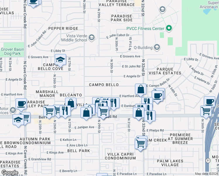 map of restaurants, bars, coffee shops, grocery stores, and more near 17236 North 30th Street in Phoenix