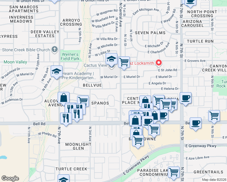 map of restaurants, bars, coffee shops, grocery stores, and more near 117 West Helena Drive in Phoenix