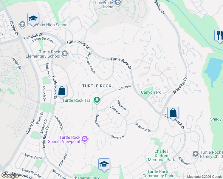map of restaurants, bars, coffee shops, grocery stores, and more near 23 Canyon Ridge in Irvine