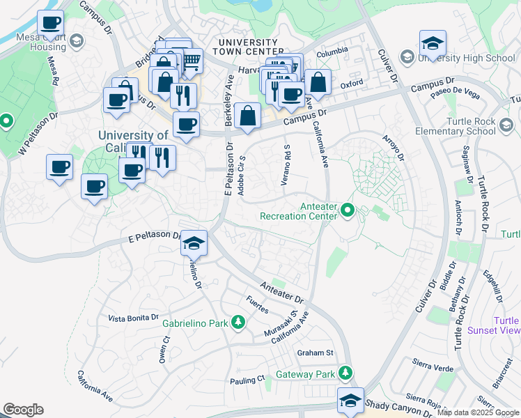 map of restaurants, bars, coffee shops, grocery stores, and more near 6400 Adobe Circle South in Irvine