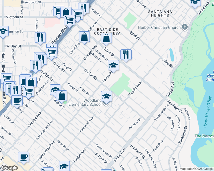 map of restaurants, bars, coffee shops, grocery stores, and more near 2100 Colina Vista Way in Costa Mesa