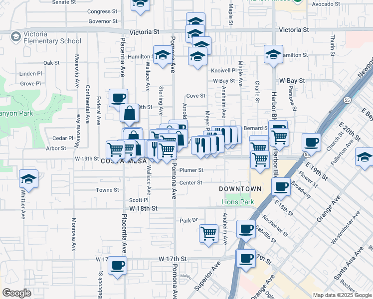 map of restaurants, bars, coffee shops, grocery stores, and more near 687 West 19th Street in Costa Mesa