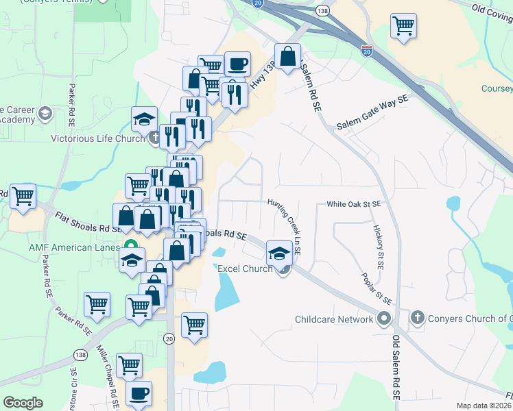map of restaurants, bars, coffee shops, grocery stores, and more near 1726 Bob White Lane Southeast in Conyers
