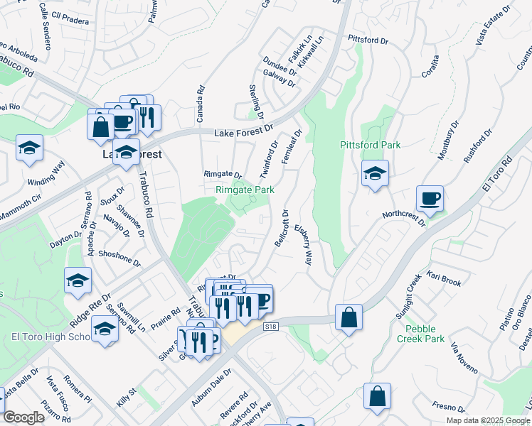 map of restaurants, bars, coffee shops, grocery stores, and more near 21921 Rimhurst Drive in Lake Forest