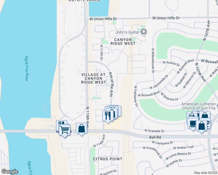 map of restaurants, bars, coffee shops, grocery stores, and more near 11421 West Saint John Road in Surprise