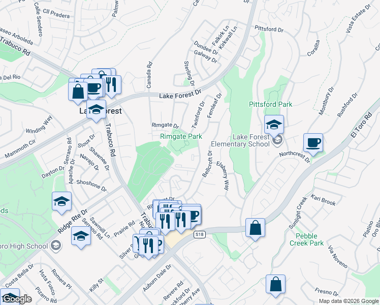 map of restaurants, bars, coffee shops, grocery stores, and more near 21991 Rimhurst Drive in Lake Forest