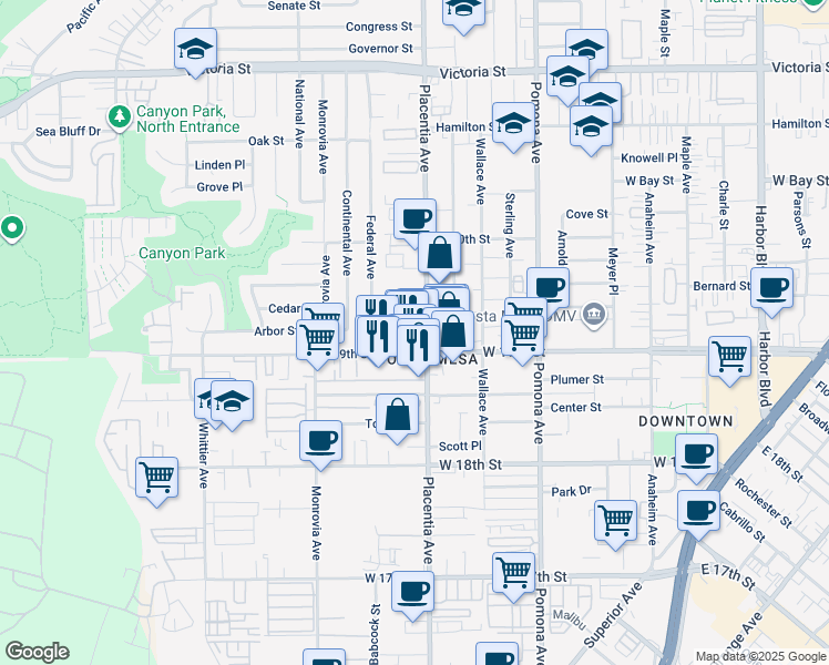map of restaurants, bars, coffee shops, grocery stores, and more near 824 West 19th Street in Costa Mesa