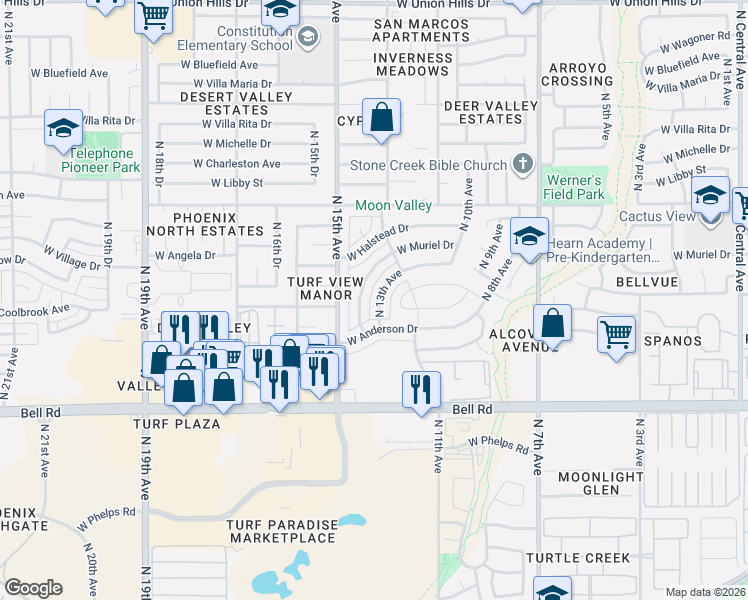 map of restaurants, bars, coffee shops, grocery stores, and more near 17243 North 14th Avenue in Phoenix