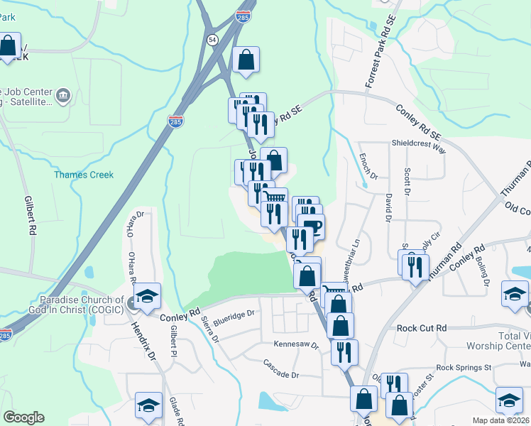 map of restaurants, bars, coffee shops, grocery stores, and more near 4041 Jonesboro Road in Forest Park