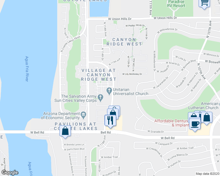 map of restaurants, bars, coffee shops, grocery stores, and more near 11421 West Saint John Road in Surprise