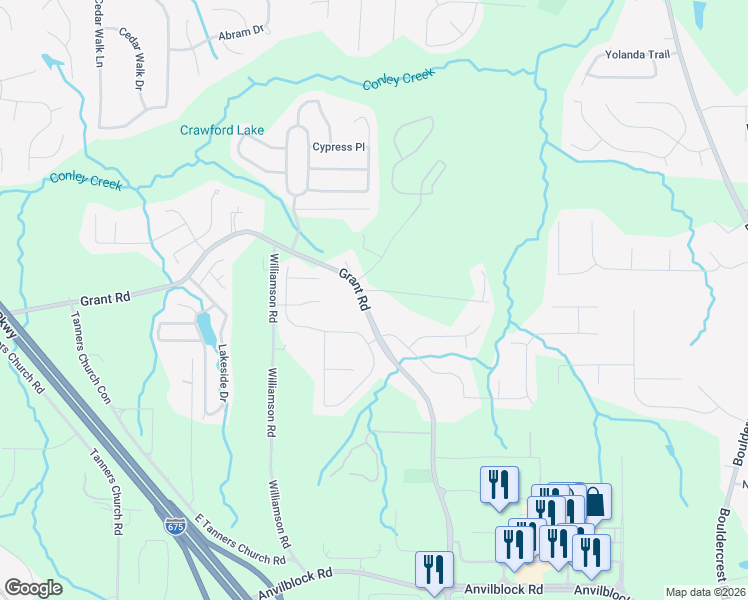 map of restaurants, bars, coffee shops, grocery stores, and more near 4034 Grant Road in Ellenwood