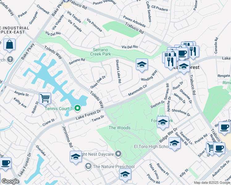 map of restaurants, bars, coffee shops, grocery stores, and more near 21968 Lakeland Avenue in Lake Forest