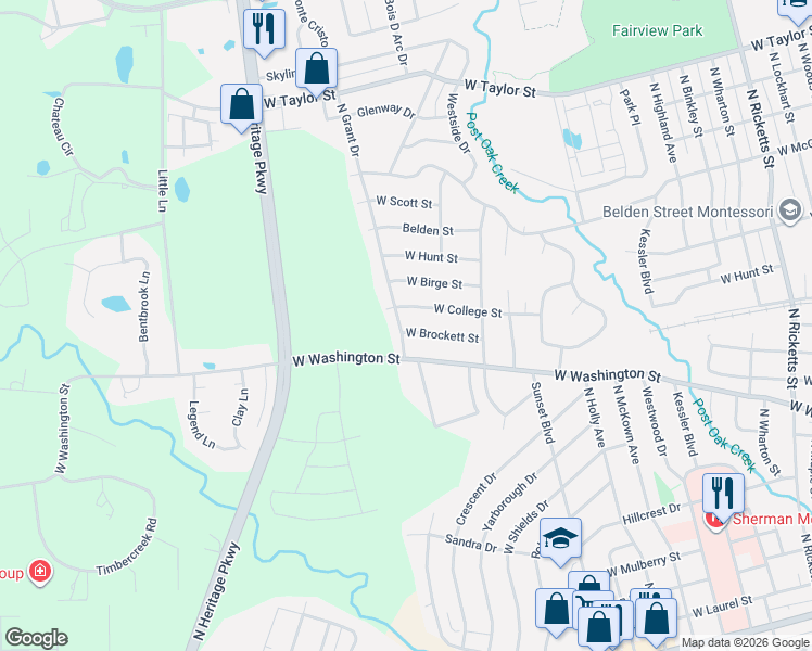 map of restaurants, bars, coffee shops, grocery stores, and more near 1815 West Brockett Street in Sherman