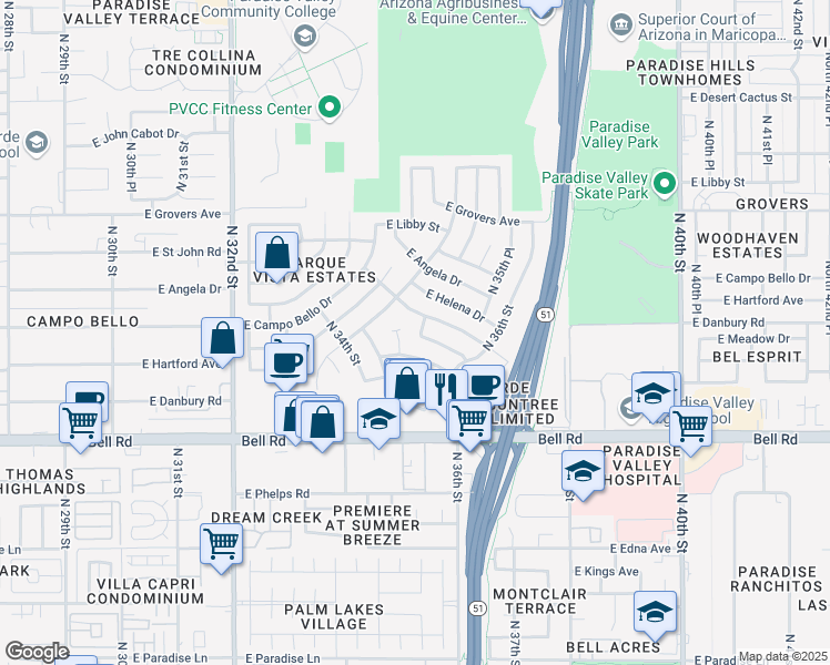 map of restaurants, bars, coffee shops, grocery stores, and more near 17242 North 35th Way in Phoenix