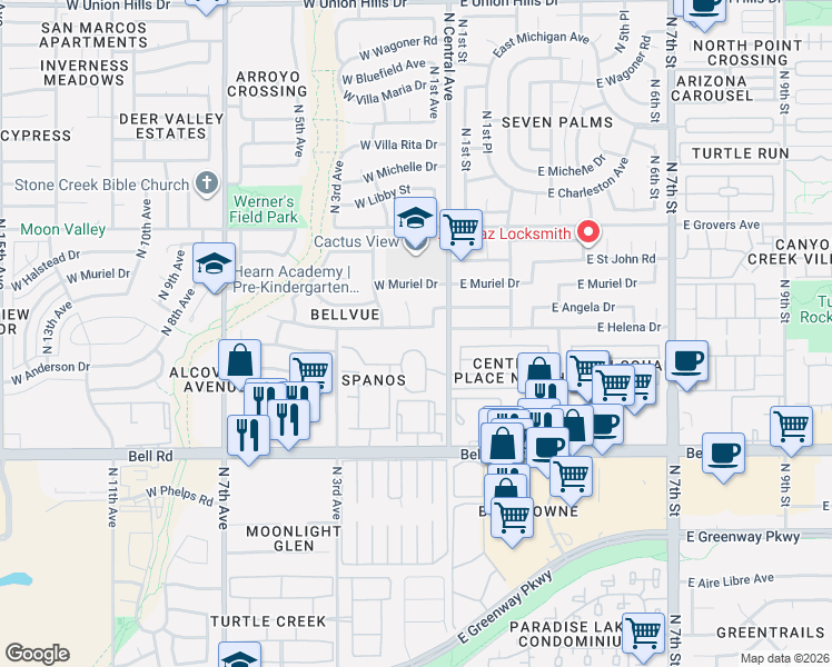 map of restaurants, bars, coffee shops, grocery stores, and more near 117 West Helena Drive in Phoenix