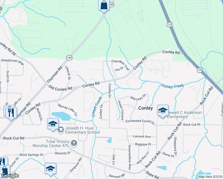 map of restaurants, bars, coffee shops, grocery stores, and more near 4072 Conley Drive in Conley