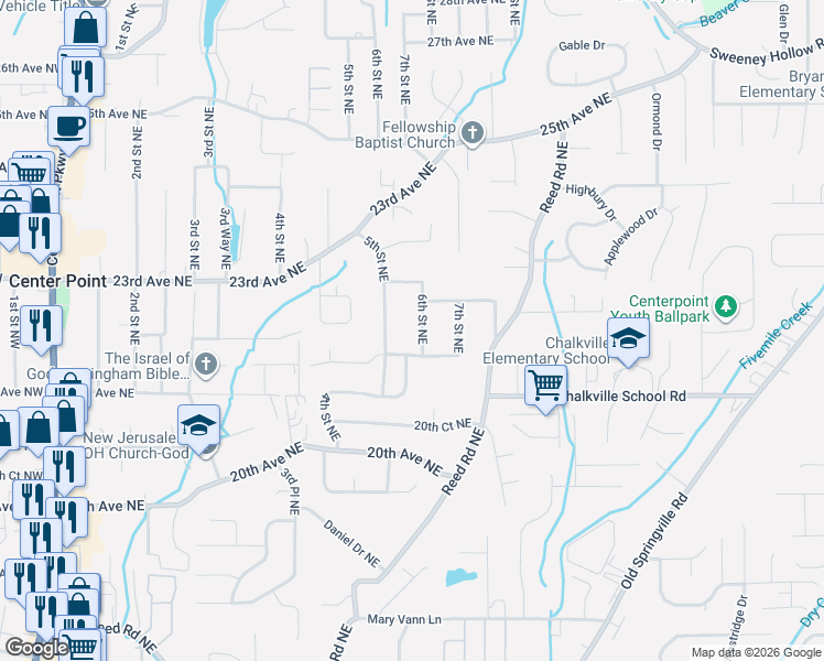 map of restaurants, bars, coffee shops, grocery stores, and more near 508 Woodland Court Northeast in Center Point