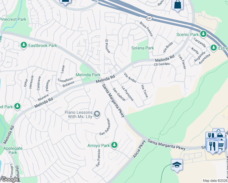 map of restaurants, bars, coffee shops, grocery stores, and more near 25 San Gabriel in Rancho Santa Margarita