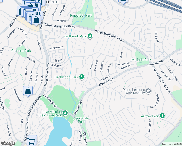 map of restaurants, bars, coffee shops, grocery stores, and more near 21961 Ontur in Mission Viejo