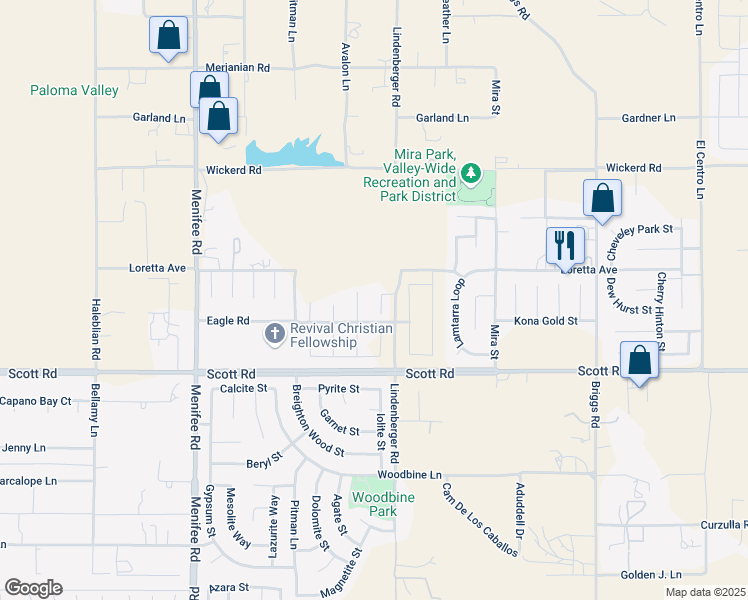 map of restaurants, bars, coffee shops, grocery stores, and more near 32924 Lindenberger Road in Menifee