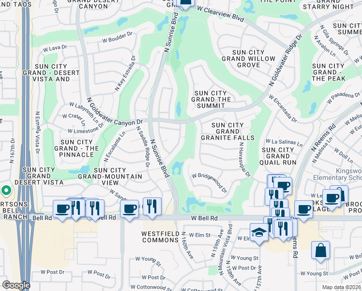 map of restaurants, bars, coffee shops, grocery stores, and more near 17529 North Eagle Crest Drive in Surprise