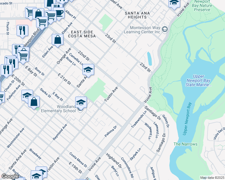 map of restaurants, bars, coffee shops, grocery stores, and more near 2175 Tustin Avenue in Costa Mesa