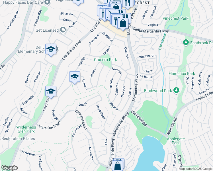 map of restaurants, bars, coffee shops, grocery stores, and more near 21952 Camargo in Mission Viejo