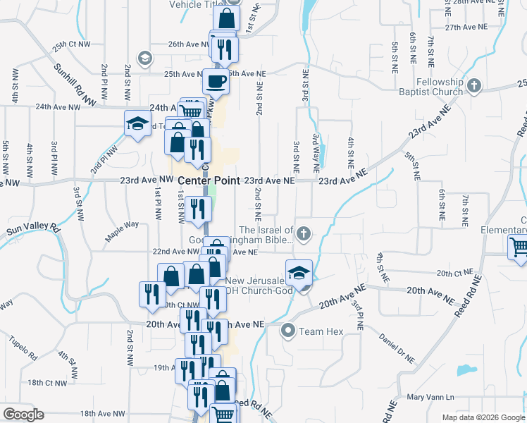 map of restaurants, bars, coffee shops, grocery stores, and more near 2233 2nd Street Northeast in Birmingham
