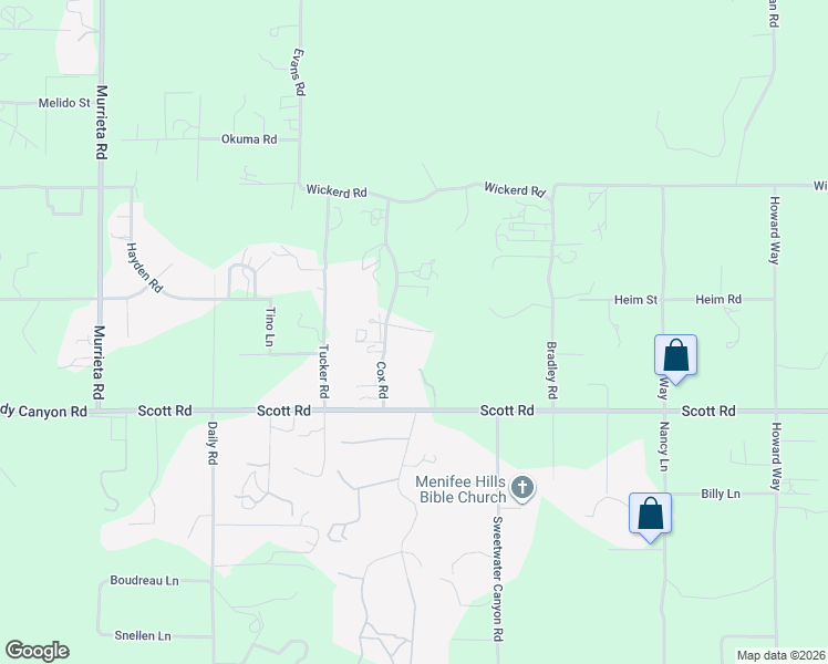 map of restaurants, bars, coffee shops, grocery stores, and more near 32820 Cox Road in Menifee