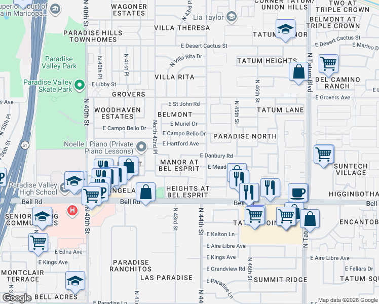 map of restaurants, bars, coffee shops, grocery stores, and more near 4353 East Danbury Road in Phoenix