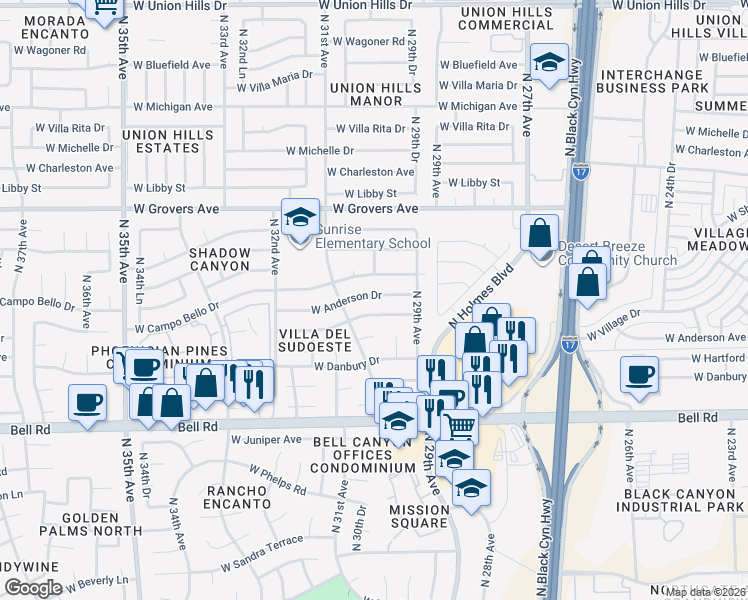 map of restaurants, bars, coffee shops, grocery stores, and more near 2933 West Hartford Drive in Phoenix
