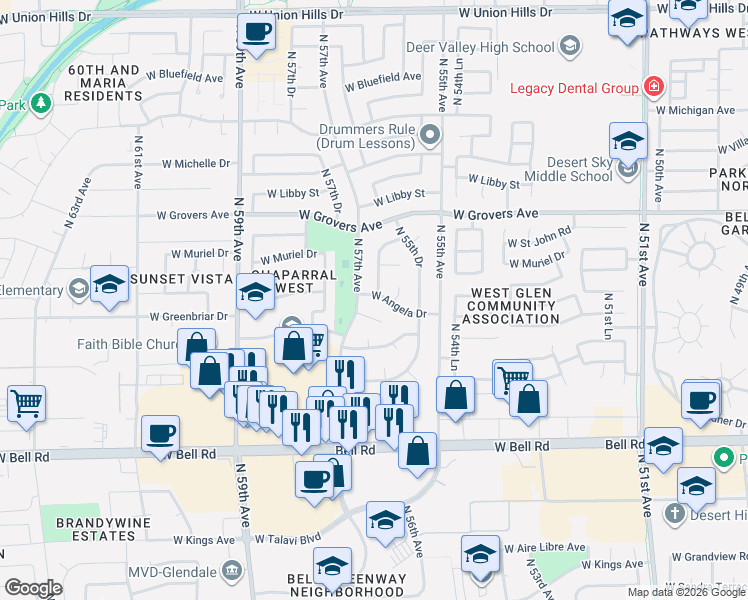 map of restaurants, bars, coffee shops, grocery stores, and more near 5620 West Campo Bello Drive in Glendale