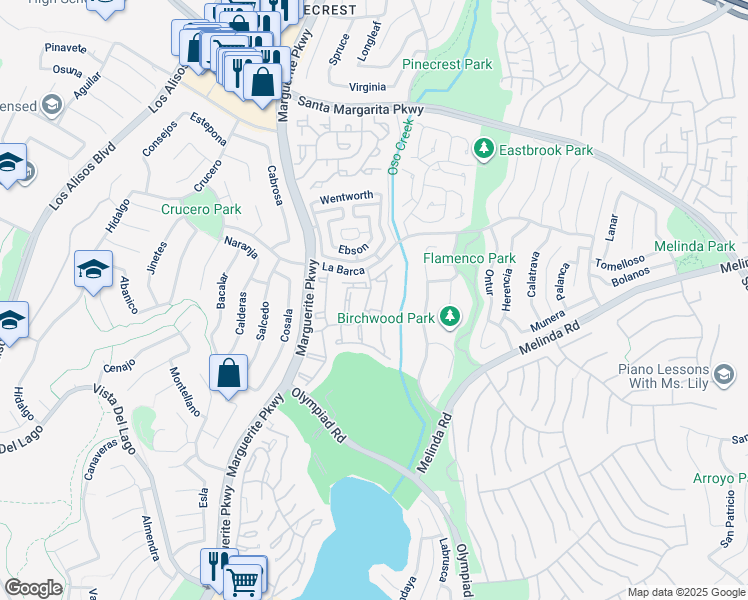 map of restaurants, bars, coffee shops, grocery stores, and more near 28074 Hastings in Mission Viejo