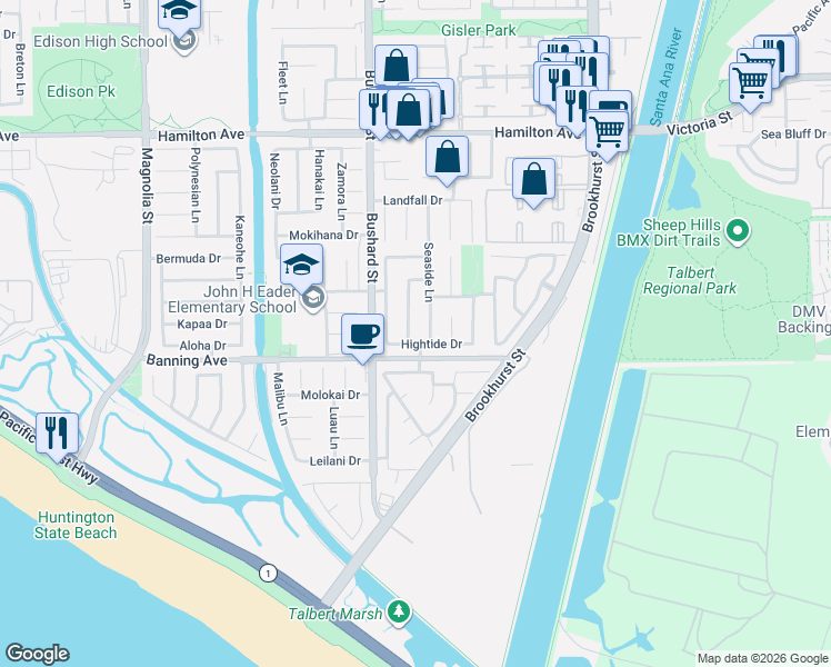 map of restaurants, bars, coffee shops, grocery stores, and more near 9622 Hightide Drive in Huntington Beach