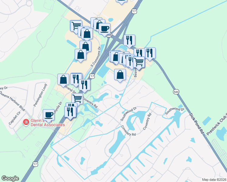 map of restaurants, bars, coffee shops, grocery stores, and more near 363 Mikita Drive in Surfside Beach