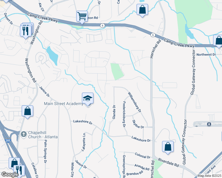 map of restaurants, bars, coffee shops, grocery stores, and more near 4051 Glenda Drive in College Park