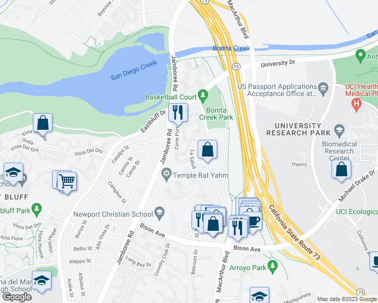 map of restaurants, bars, coffee shops, grocery stores, and more near 3006 Corte Hermosa in Newport Beach