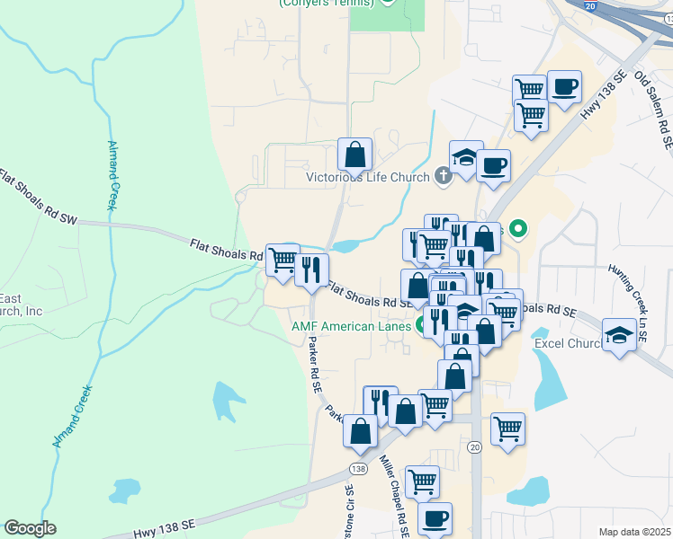 map of restaurants, bars, coffee shops, grocery stores, and more near 750 Flat Shoals Road Southwest in Conyers