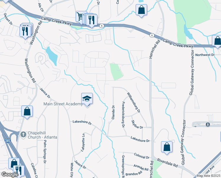 map of restaurants, bars, coffee shops, grocery stores, and more near 4051 Glenda Drive in College Park
