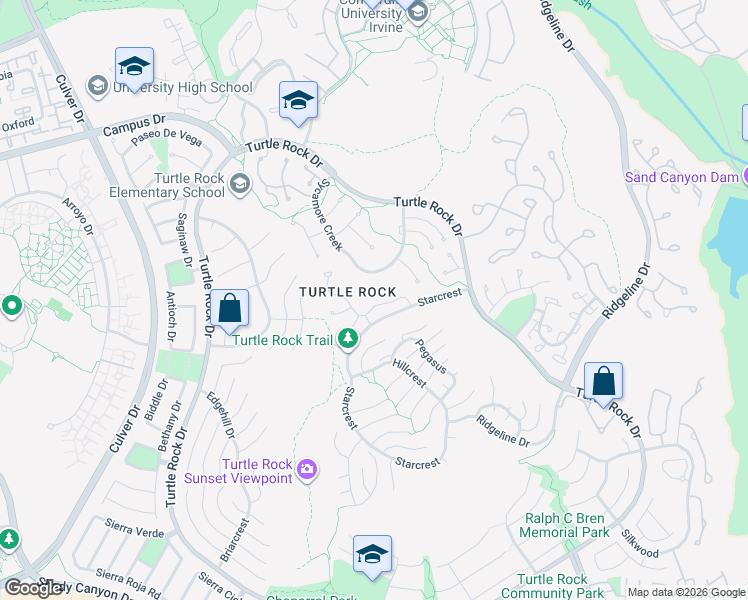 map of restaurants, bars, coffee shops, grocery stores, and more near 26 Canyon Ridge in Irvine