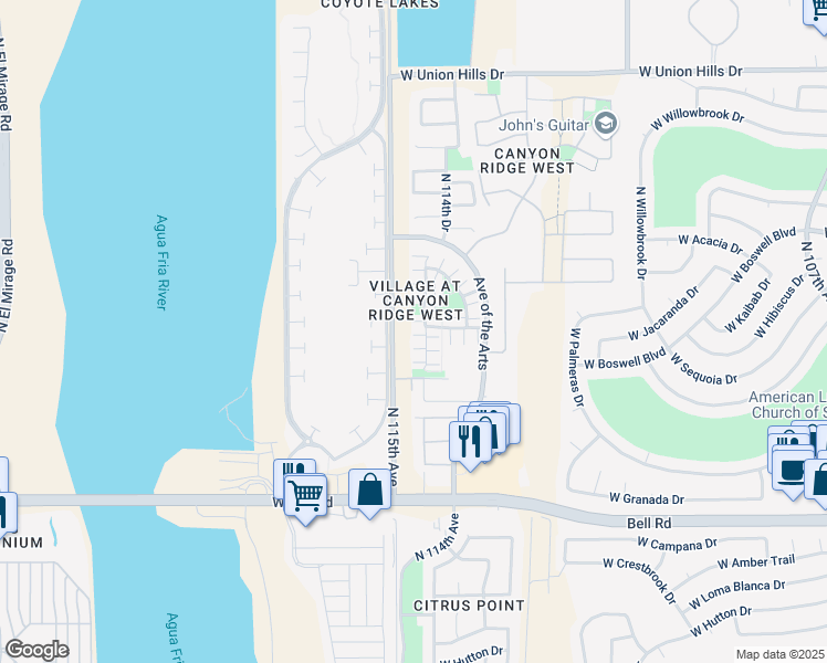 map of restaurants, bars, coffee shops, grocery stores, and more near 17662 North 114th Lane in Surprise