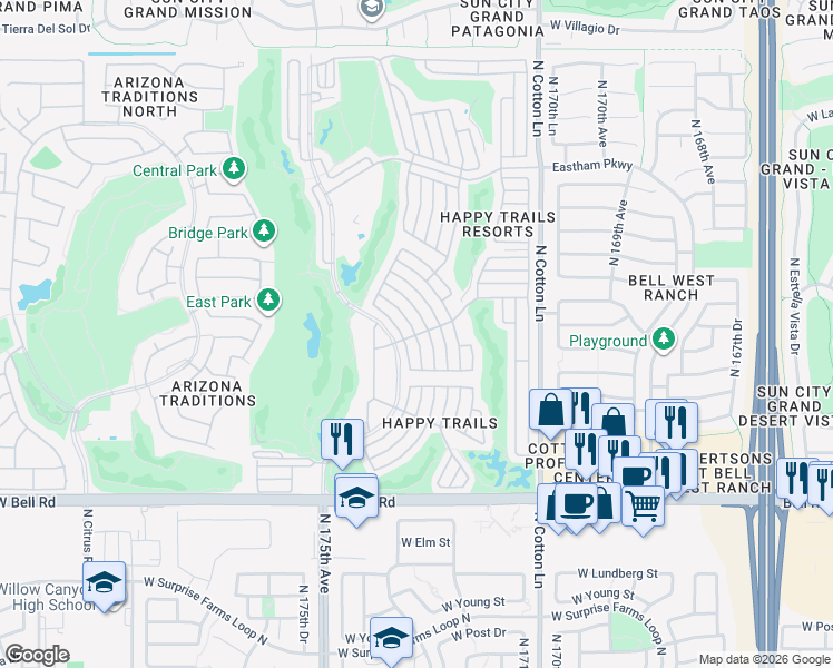 map of restaurants, bars, coffee shops, grocery stores, and more near 17550 North Appaloosa in Surprise