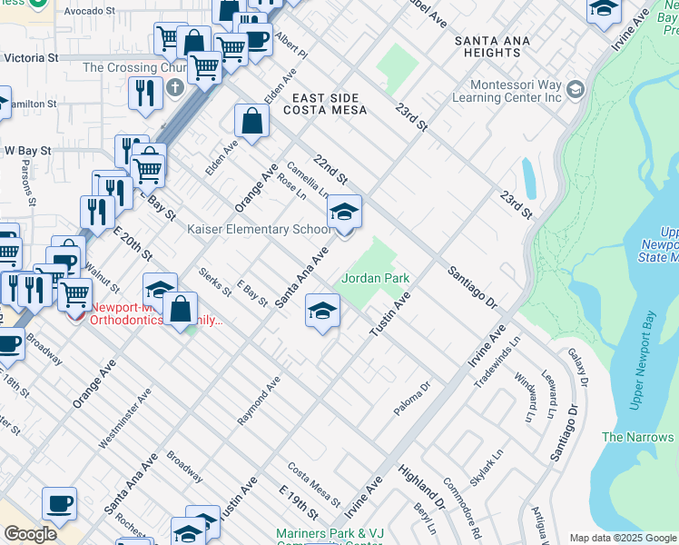 map of restaurants, bars, coffee shops, grocery stores, and more near 2116 Colina Vista Way in Costa Mesa