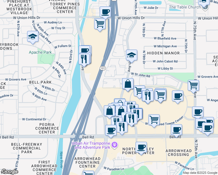 map of restaurants, bars, coffee shops, grocery stores, and more near 17600 North 79th Avenue in Glendale