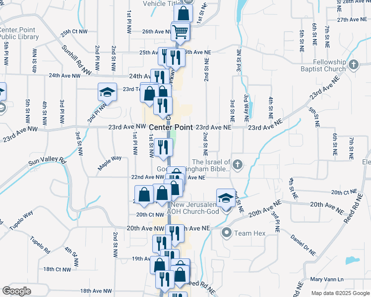 map of restaurants, bars, coffee shops, grocery stores, and more near 2228 1st Street Northeast in Center Point