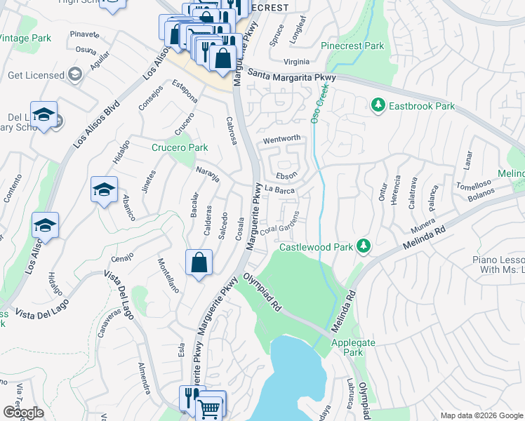 map of restaurants, bars, coffee shops, grocery stores, and more near 27936 Highgate in Mission Viejo