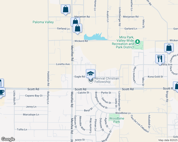 map of restaurants, bars, coffee shops, grocery stores, and more near 32813 Whitehaven Court in Menifee
