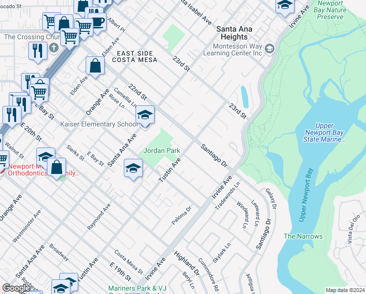 map of restaurants, bars, coffee shops, grocery stores, and more near 2175 Tustin Avenue in Costa Mesa
