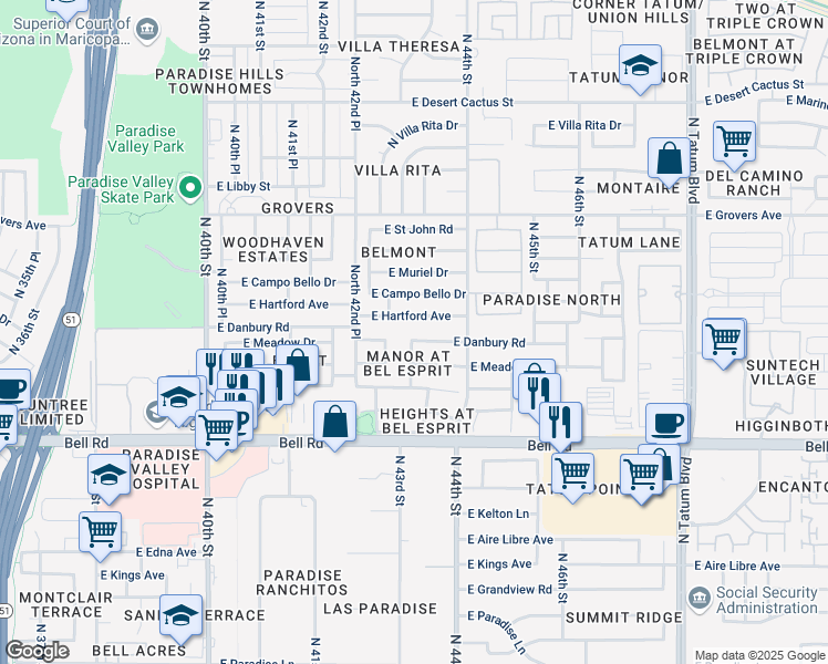 map of restaurants, bars, coffee shops, grocery stores, and more near 17228 North 43rd Place in Phoenix
